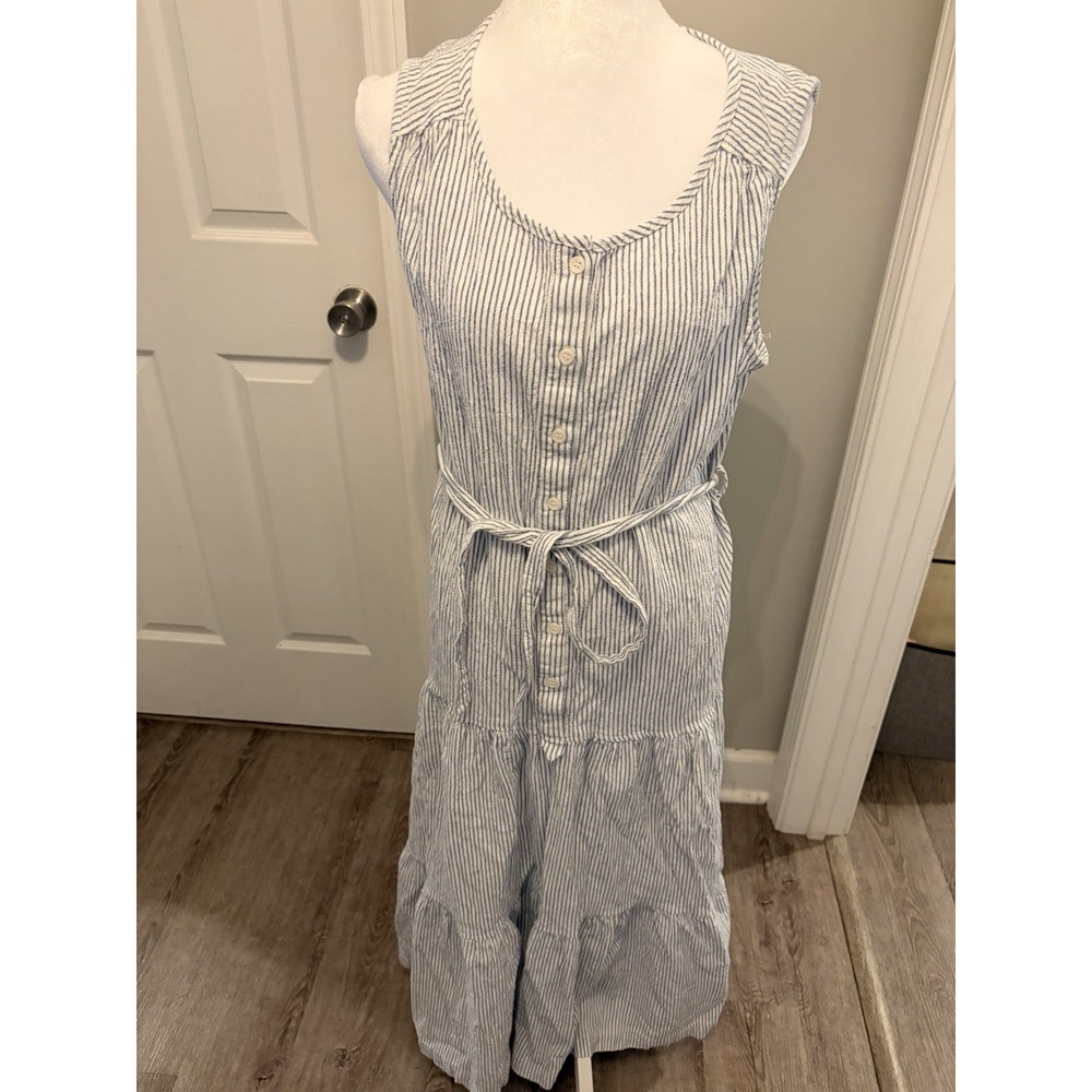 Max Studio Blue & White Striped Seersucker Sleeveless Tiered Maxi Dress Size XL
